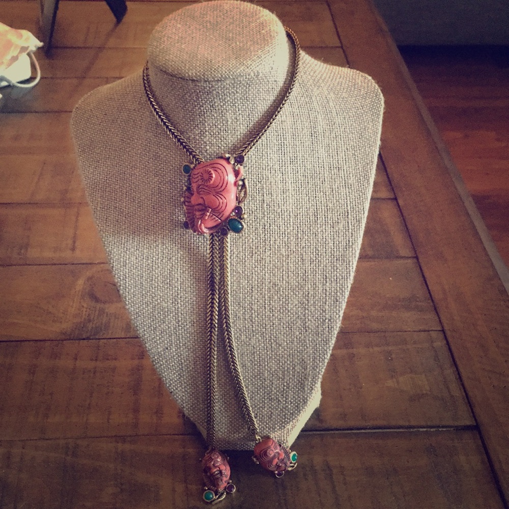 Vintage selro lariat necklace pink noh mask rare